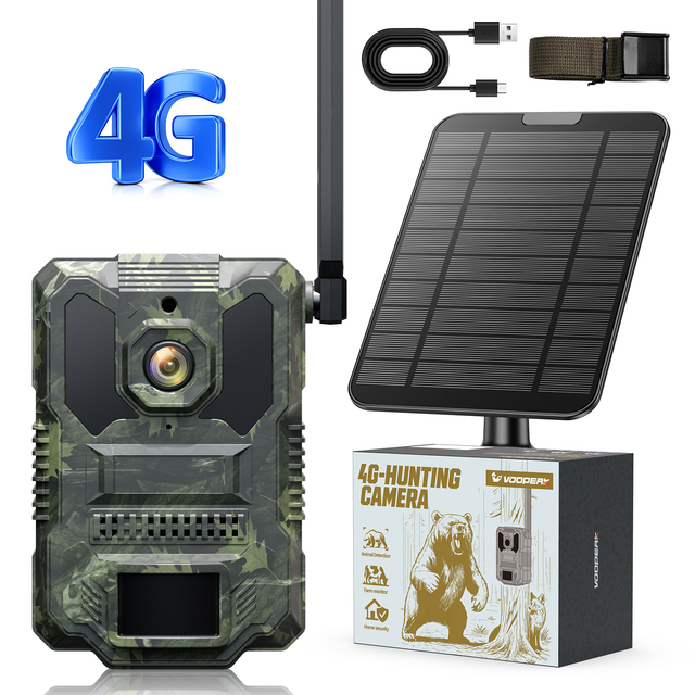 VOOPEAK 4G LTE Cellular Trail Camera 4W Solar Powered 2.5K Live Streaming Wildlife Hunting Cam Outdoor Security Monitoring