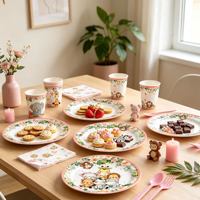 Ensemble de vaisselle jetable sur le thème des animaux roses, assiettes en papier, gobelets, nappe, décorations de table d'anniversaire