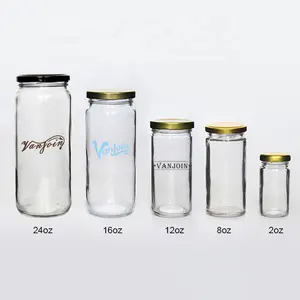 Frascos de vidro vazios com tampas, frascos recipientes de vidro redondo transparentes com boca larga 24oz 16oz 12oz 8oz 2oz