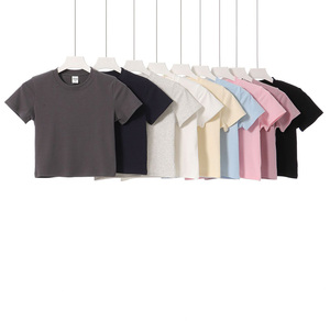 230gsm 92% Cotton 8% Spandex Slim Fit Blank Girls Crop <b>Tshirts</b> Custom Logo Printed Women Cropped Tops Wholesale - Product Image 2