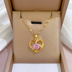قلادة قلب فاخرة مطلية بالذهب من الزركون سلسلة من الفولاذ المقاوم للصدأ قلادة ماسية لعشاق هدية عيد الأم - Product Image 2