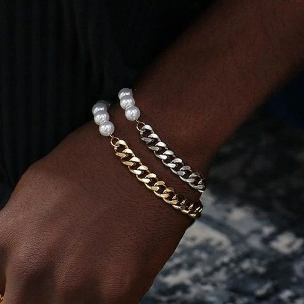 Vintage Mens Half Pearl Half Chain Necklace Bracelet