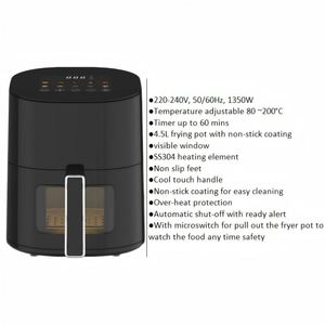 Nouvelle Conception 2026 Friteuse à Air Carrée Moderne 4,5L 1350W Sans Huile avec Fenêtre Visible, Fond Antiadhésif et Protection Contre la Surchauffe - Product Image 2