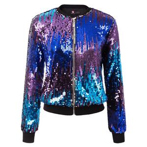 KC000097 OEM soporte manga larga cuello cremallera abrigo de las mujeres brillantes lentejuelas de béisbol chaquetas - Product Image 4