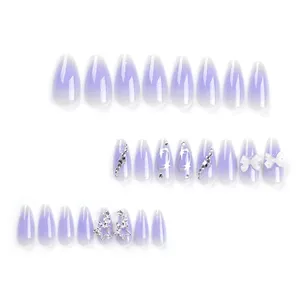 <span class=keywords><strong>Faux</strong></span> ongles Y2K amande mi-longs à rayures argentées, à presser, avec décoration étoiles et diamants, pointes violettes pour doigts - Product Image 4