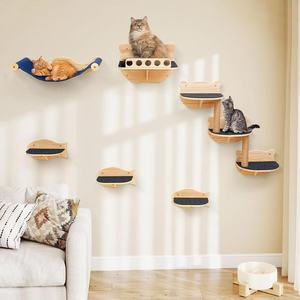 Estructura de madera para trepar para gatos, montada en la pared, de 4 niveles, con hamaca y plataforma rascadora, para gatos de interior, juguete para mascotas. - Product Image 1