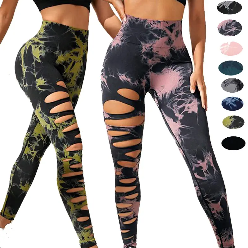 Mujeres calientes Nuevo diseño Elegante High Rise Soft Nylon Seamless Tie Dye Hollow Adelgazamiento Leggings Yoga Fitness Pantalones