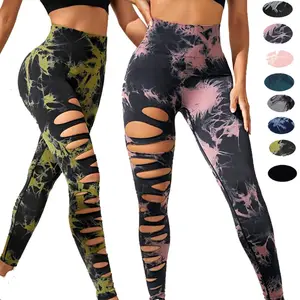 Hot Women New Design Stylish High Rise Soft Nylon Seamless Tie Dye Hollow Slimming Leggings Yoga Fitness Pants