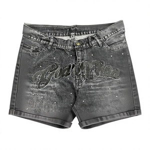 Men's Breathable Distressed Denim Shorts Straight Leg Mid Waist Sequined Decor Ripped Hem Casual Spring Summer Style - Product Image 3