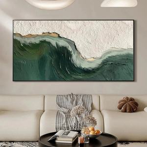 Peinture à l'huile minimaliste de vagues de mer et de plage, peinte à la main, encadrée, art mural pour la décoration moderne de la maison, du bureau ou du studio - Product Image 1