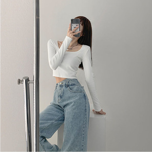 Net Red High Waist Design Cross Waist <strong>Head</strong> Denim Jeans Women Summer Loose Straight Trousers Retro Vertical <strong>Mop</strong> Pants - Product Image 2