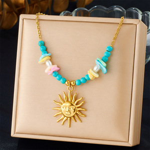Colorful Irregular Stone Beaded Necklace Gold Plated Sun Pendant Stainless Steel Chain Party Fashion Jewelry - Product Image 1