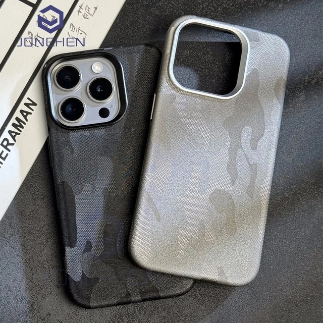 Camouflage Leather Magnetic Case for iPhone 12 13 14 15 16 Pro Max Plating Lens Matte Wireless Charging Shockproof Cover