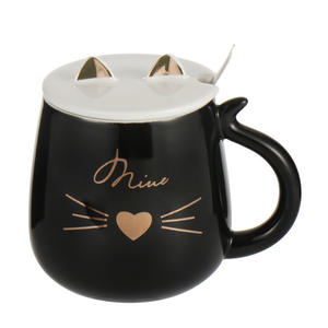 Tasse à eau en céramique motif chat de dessin animé avec couvercle et cuillère, mignonne tasse à café pour couple, style cœur de fille, tasses à thé et soucoupes tendance, cadeau - Product Image 5