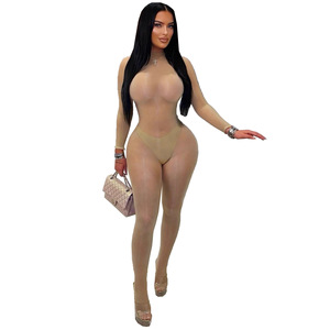 TW822 2026 İlkbahar Yeni Kadın Modası Seksi Tek Renk Tek Parça Çorap Şeffaf Dar Beden Giysisi Parlak Dikişsiz Tulum - Product Image 5