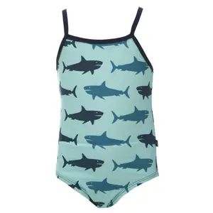 Maiô estampado de uma peça em tubarão azul, biquíni infantil, roupa de banho anti-UV para meninas, roupa de banho para bebês e crianças