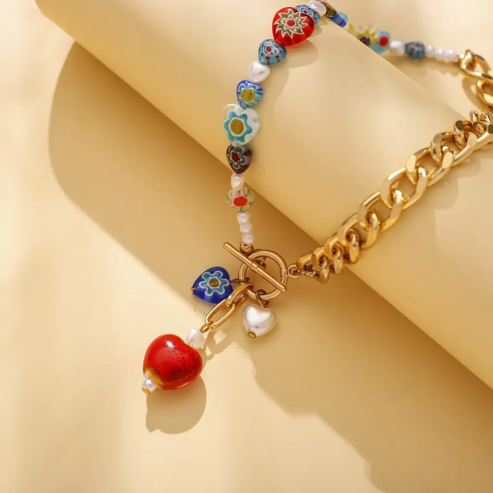 Hochwertige bohemische vergoldete Riemenkette Halskette bunte Glasblume Herz Perlen-Halsband für Party