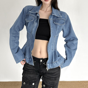 Chemisier Corset Thermique en Jean Rétro pour Femme, Coupe Ajustée, Bleu, Col Revers, Détail Plissé et Volant, Manches Longues, Teint Uni, Automne Hiver - Product Image 5