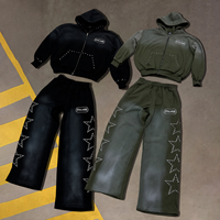 Ensemble de survêtement streetwear vintage pour homme, coupe ample, avec strass, effet délavé, comprenant un sweat à capuche et un pantalon de survêtement en molleton bouclette