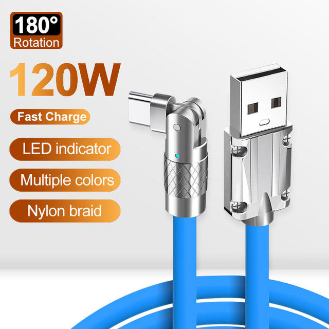 120w 6A Super Fast Charging Cable Usb to Type C Quick Charge Zinc Alloy Silicone Data Cable 180 Degree Rotatable Cord