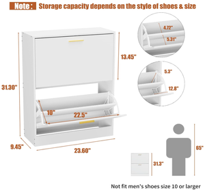 Meuble à chaussures pour entrée, fin, blanc, organisateur de chaussures dissimulé avec 2 tiroirs rabattables, en bois, étroit, 2 niveaux, autoportant - Product Image 2