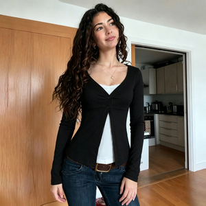 Color Block A Line Top Women's V Neck Long Sleeve T <b>Shirt</b> Faux Two Piece <b>Y2K</b> Streetwear Casual Knit Fashion Spring Autumn - Product Image 3