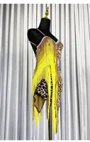 Vestido de Baile Latino con Estampado de Leopardo para Mujer, con Flecos y Pedrería, Traje de Actuación, Vestido de Competición de Baile de Salón