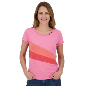 T-shirt décontracté pour femme en 100 % coton anti-boulochage, col rond, coupe courte, écologique, rose, avec logo imprimé par décharge, 160g - Product Image 1