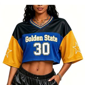 Tailgate Party Mesh Jersey <strong>Crop</strong> <strong>Top</strong> Women <strong>Golden</strong> State Team Fan Wear Sporty Girl Y2K Streetwear Drop Shoulder Jersey T Shirt - Product Image 5