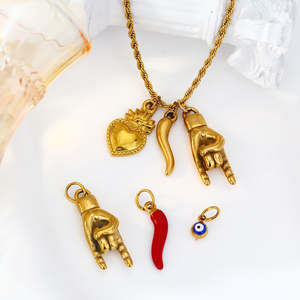 Bijoux <span class=keywords><strong>de</strong></span> mode bricolage en acier inoxydable corde chaîne mauvais œil main <span class=keywords><strong>corne</strong></span> coeur breloques bon chanceux italien amulette pendentif collier - Product Image 1