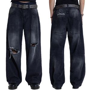 Jean cargo baggy droit tendance de haute qualité, noir délavé, en denim épais déchiré aux genoux, taille basse, coupe ample - Product Image 1