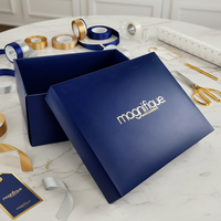 Boîte à sacs pliables en papier écologique avec logo doré personnalisé de luxe, ensemble cadeau, sacs de shopping bleus haut de gamme, chaussures, fourrure