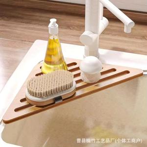 Égouttoir triangulaire en bambou avec barre porte-serviettes pour évier de cuisine, porte-savon portable multifonction - Product Image 4