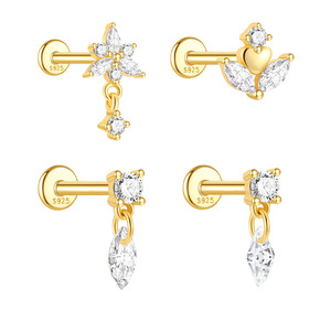 Piercings de cartílago roscados de 16G con parte trasera plana, de Plata de ley S925 chapada en oro de 18K, con diseño geométrico de marquesa, circonita, rombo y flecos en forma de corazón - Product Image 1