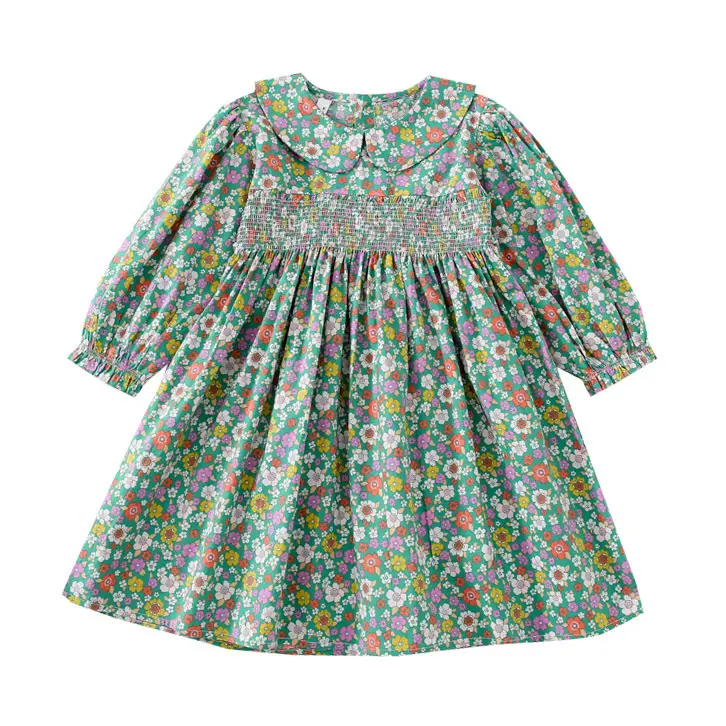 Vestidos de manga larga con estampado floral para niños y niñas, ropa verde, venta al por mayor, 2022