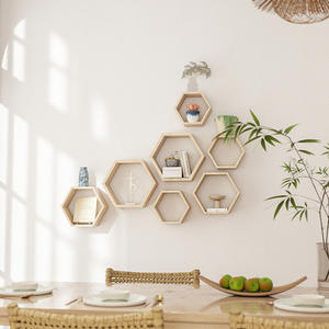 مجموعة من 3 رفوف خشبية سداسية الشكل للزاوية، رف عائم أحادي المستوى للتخزين المنزلي في المطبخ وغرفة المعيشة، مثبت بالمعدن - Product Image 4