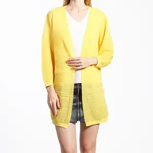 ISO9001 여성용 스웨터 제조업체 노란색 통기성 비스코스 솔리드 패턴 봄과 가을 스웨터의 긴 V 넥 카디건
