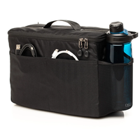 Organisateur d'équipement photo noir avec compartiments ajustables, couvercle en maille transparente, poche latérale et rangement frontal pour la photographie