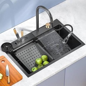 Évier de cuisine en acier inoxydable fait main <span class=keywords><strong>avec</strong></span> robinet <span class=keywords><strong>cascade</strong></span>, tuyau de vidange et revêtement nano brossé, pour évier simple - Product Image 4