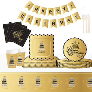 Platos de Papel Desechables DAMAI Dorados con Borde Negro en Forma de Ola, Vasos de Papel y Servilletas para Fiestas de Cumpleaños - Product Image 2