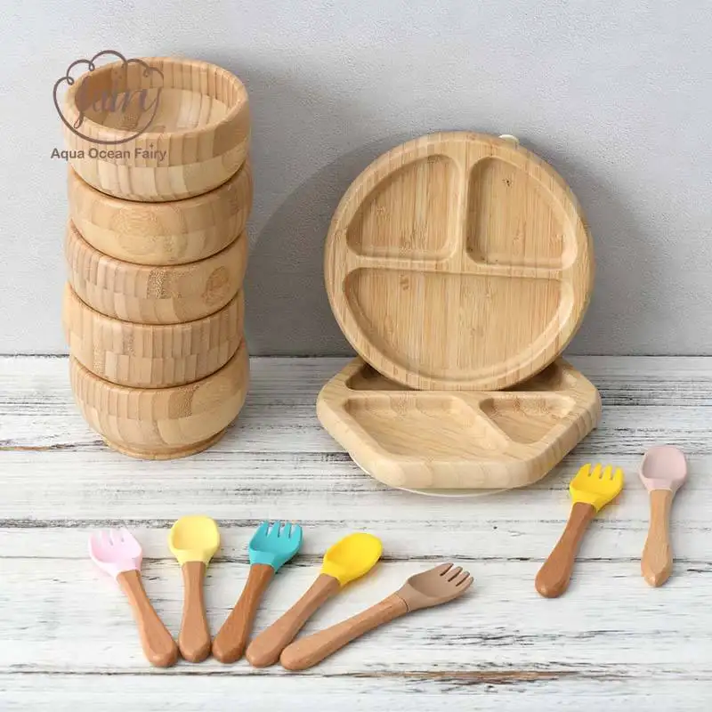 Juego de cubiertos de bambú y madera personalizado, vajilla ecológica, cuenco de plato de madera para bebé