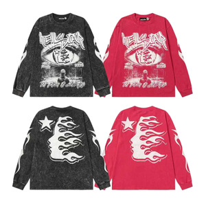 Camiseta de Manga Larga Unisex de Algodón Puro Lavado con Estampado Geométrico de Letras de la Marca de Moda 26S Hell Star, Estilo Urbano Holgado - Product Image 5