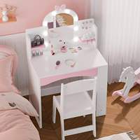 Table de maquillage et chaise pour enfants avec miroir lumineux, bureau de coiffure pour tout-petits avec étagère ouverte, mobilier de chambre mignon
