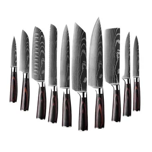 Gift Box Packing 10pcs Kitchen Knife set Pakkawood Handle 4cr13 S Steel Damascus Texture Pattern Chef slicing cutting knife set