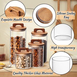 Good High Borosilicate Glass <b>Storage</b> <b>Jars</b> with Acacia Wooden Lids clear Glass <b>Kitchen</b> Containers with Handles Sets - Product Image 3