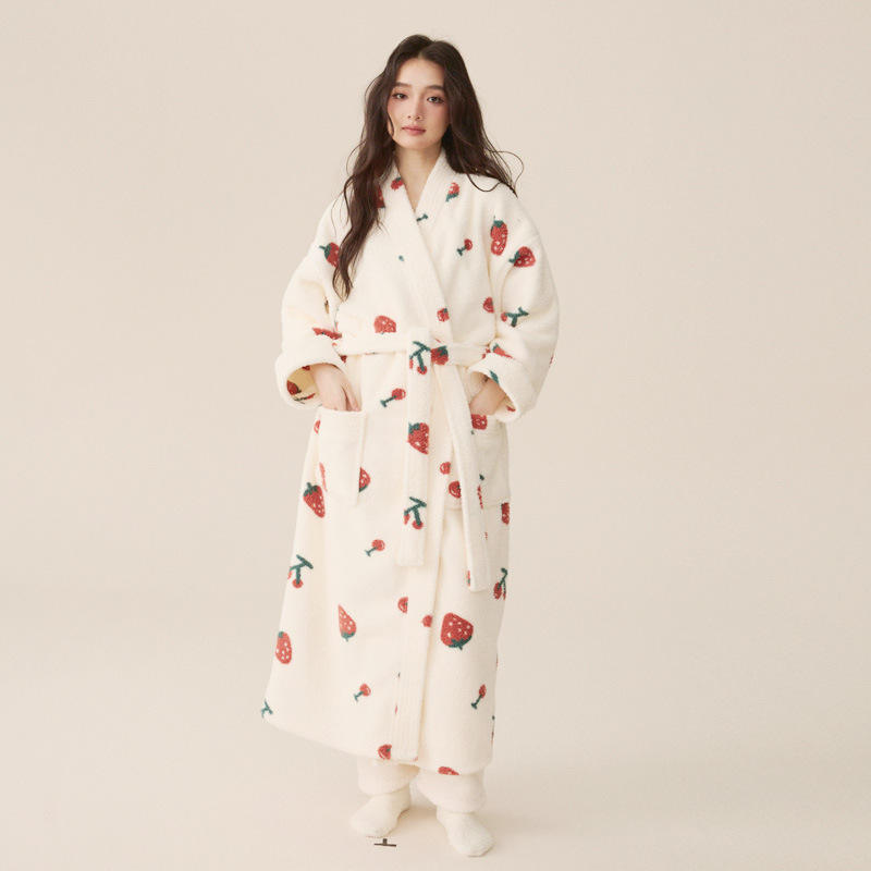 Peignoir col kimono en velours de riz fraise