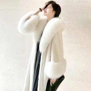 Winter Fashion 2021 Plus Size Faux Mink Fur Trench Long Coat With Fur Lapel and Cuff Faux Fur Trim Jacket For Women Winter Coat