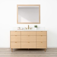 Meuble-lavabo de salle de bain sur pied en placage de chêne blanc naturel, design plat, avec comptoir en quartz et vasque en céramique, 48-72''