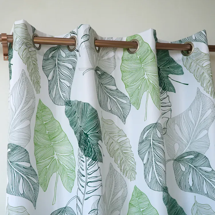 공장 판매 새로운 디자인 여름 녹색 잎 Monstera 인쇄 가짜 실크 창 커튼 거실