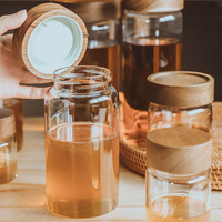 Frascos de Vidrio de Borosilicato con Tapa de Bambú, Herméticos, Aptos para Alimentos, 500 ml, Redondos, Transparentes, para Té o Miel